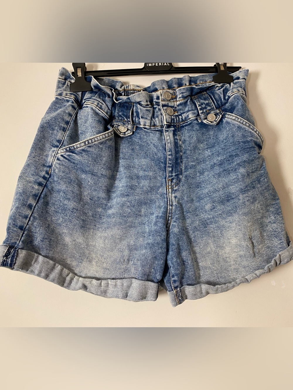 one 5 one Light Blue High-Waist Paperbag Denim Shorts